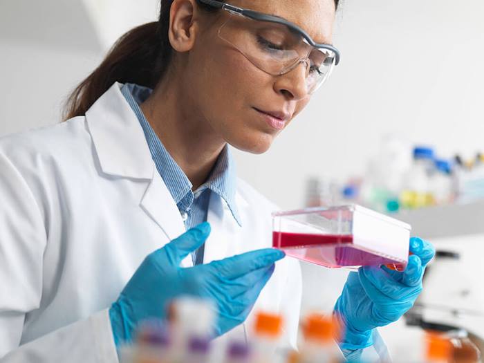 researcher examining sample in lab
