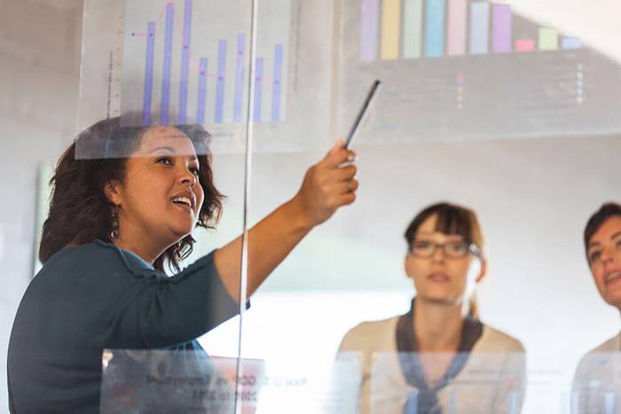 Woman presenting bar graph