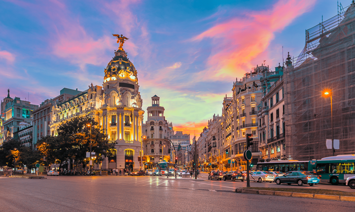 Madrid city skyline gran via street twilight Spain