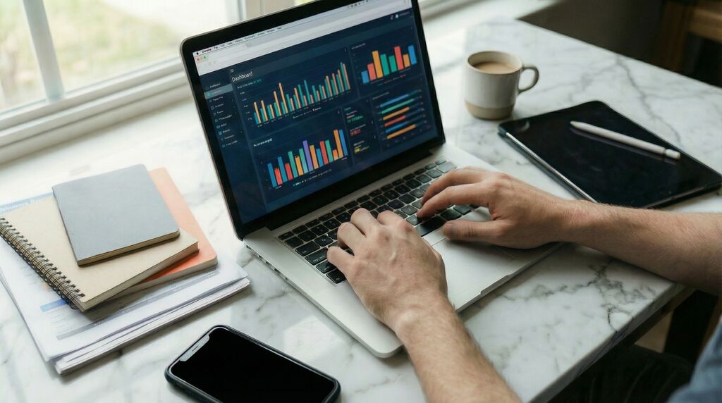 Close-up of hands typing on a laptop displaying data charts and graphs