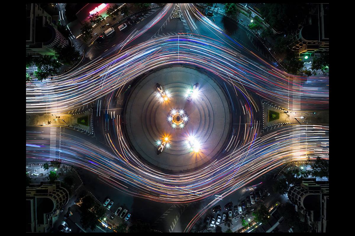 Aerial view of Light Trails On Multiple Lane Highway At Night﻿