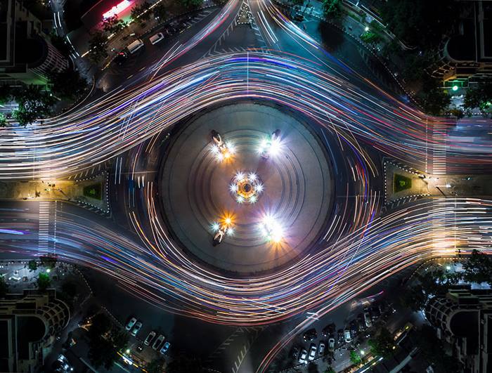 Aerial view of Light Trails On Multiple Lane Highway At Night﻿