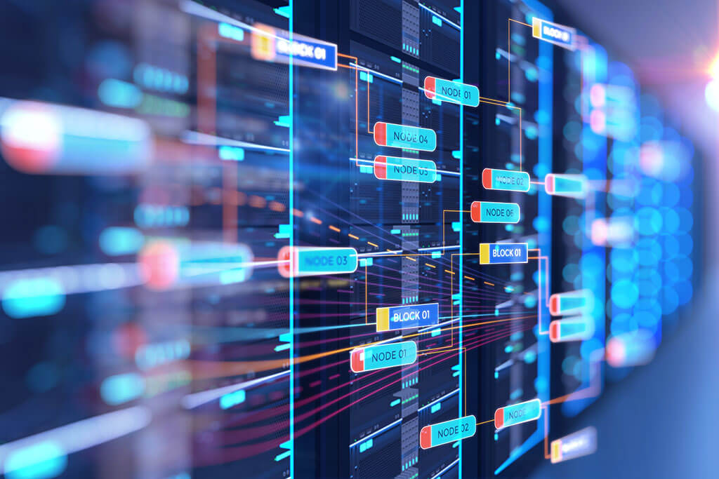 close up of server room with node base programming data